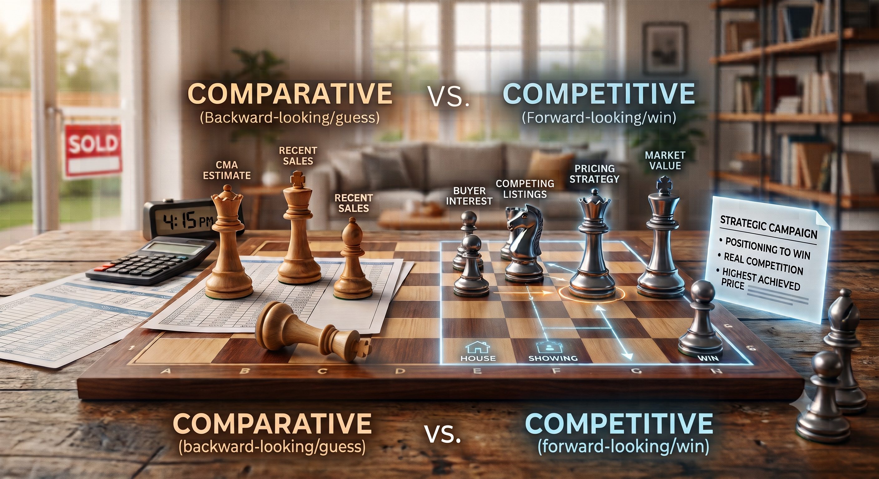 A chess-board illustration contrasting a Comparative pricing approach (wooden pieces, a calculator, and spreadsheets, labeled backward-looking) with a Competitive pricing approach (metal pieces and a strategic-campaign note, labeled forward-looking to win), set on a table in a living room with a Sold sign in the window.